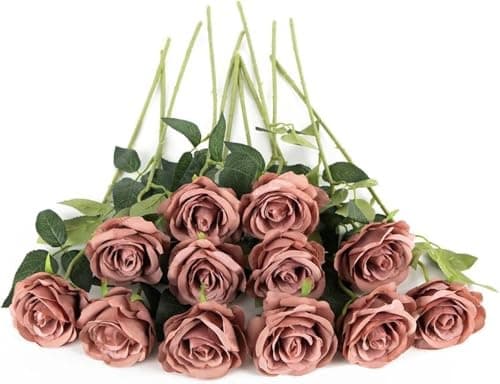 Image of Laelfe 12 Pcs Dusky Pink Roses Artificial Flowers, 53 cm Single Long Stem Faux Silk Dusty Pink Flowers Fake Roses for Christmas Wedding Bridal Bouquet Home Party Hotel Decorations (Dusty)