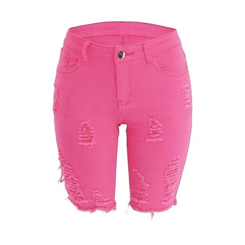 Image of DINGJIUYAN Mid Waist Hot Women's Denim Shorts - Summer Retro Stretch Casual Shorts with Pockets for Daily & Streetwear Pink