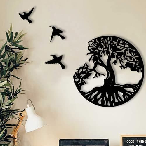 Image of QYLPZ Wall Art Ornaments for Living Room, Wall Decor, Black Metal Wall Sculptures of Tree of Life with Birds, Hanging Ornaments for Bedroom (28cm/11.02in)