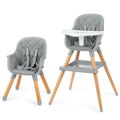 Image of 6-in-1 Baby High Chair with Wooden Legs, Convertible to Booster Seat & Toddler Chair, 5-Point Harness, Removable Tray, Adjustable for 6 Months to 6 Years Gray (Gray with Storage Shelf)