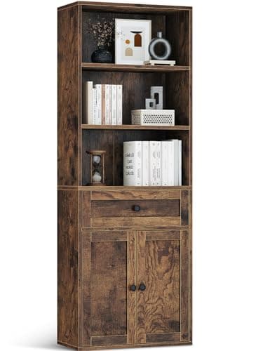 Image of Coleshome 5-Tier Bookcase with Doors and Cabinet, Bookshelf Floor Standing Display Storage Shelf, Tall Bookcase with drawers for Home, Office, Living Room, Bedroom, Rustic Brown, 48 x 24 x 164.2