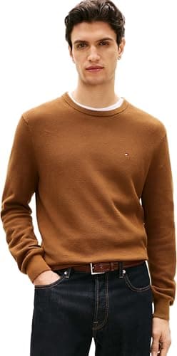 Image of Tommy Hilfiger Men Essential Structure Crew Neck MW0MW36347 Pullover Sweater, Brown, S