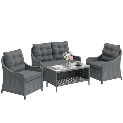 Image of Outsunny 4 Piece Rattan Garden Furniture Set, Garden Sofa Set with 2 Armchairs, Loveseat, Glass Coffee Table and Cushions, Wicker Outdoor Conservatory Furniture with for Patio Balcony, Dark Grey