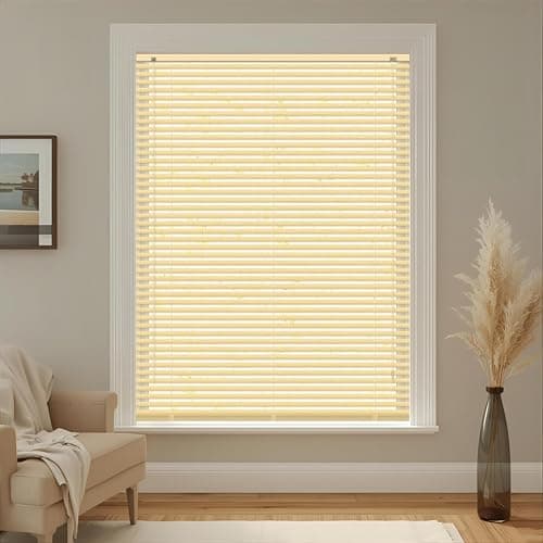 Image of Natural - Wood grain Effect PVC venetian Blind - 25mm Horizontal Slats - Easy Fit Trimmable fitting with Tilt control Wand Mechanism, 90cm x 150cm