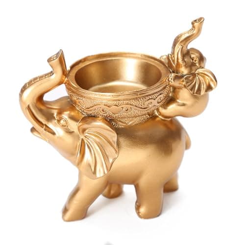 Image of Hosoncovy Resin Elephant Tea Light Candle Holder Candlestick Tealight Candle Holder Tea Light Candle Stand Decorative Small Candlestick for Home Decor (Gold)