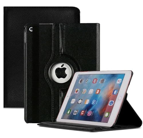 Image of World Biz Leather Rotate 360° Stand Case For Apple iPad Air 1st Air 2nd 9.7 2017/2018 5th & 6th Generation - Multi-Angle Viewing Stand, Shockproof Book Style Flip Auto Sleep/Wake (Black)