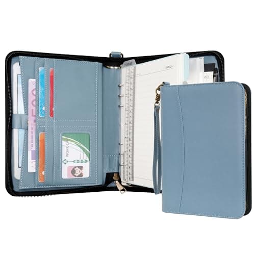 Image of WASON Portfolio A5 Binder Journal with Zipper - Leather pu Writing Notebook Padfolio with Detachable Refillable Notebook, Legal Pad for Business Study and Travel Organizer (Misty blue)