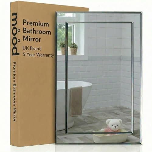 Image of Neue Design Mood® Premium Rectangular Bathroom Mirror, Wall Mounted Bevelled Frameless Mirrors, Hangs Both Ways, Double Layer of Glass, Toilet Bedroom Hallway, (60cm x 45cm)