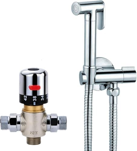 Image of Thermostatic Mixer Bidets Sprayer Kit Toilet Valve Water Spray Bidet Attachment with Hose Handheld Bathroom Shattaf Sprayer Bath Douche Muslim Bidet Shower Head Brass Bathroom Wall Mounted Chrome Set