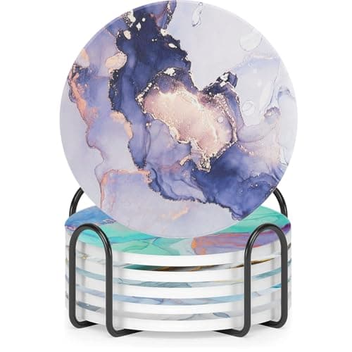 Image of Sigowal Coasters Set of 6, Round Absorbent Ceramic Coasters with Holder, 4 Inches Marble Absorbent Drink Coasters with Non-slip Cork Base for Coffee Table, Mug, Home and Bar, Housewarming Gifts