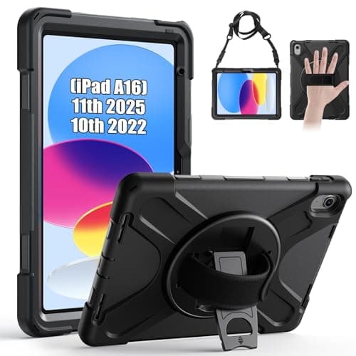 Image of Gerutek Case for iPad A16 11th Generation 2025 (11") & 10th Generation 2022 (10.9"), Shockproof Heavy Duty Cover with 360° Rotating Stand & Hand Strap, Shoulder Strap, Pencil Holder, Black
