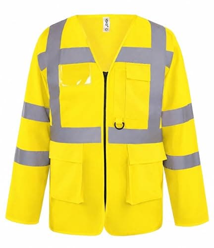 Image of Brook Hi Vis Yoko Premium Hi Vis Vest Zipped Long Sleeve Safety Vest with Pockets – High Visibility Hi Vis Vest with Pockets for Construction, Warehouse, Duties - Work Tops for Men Large