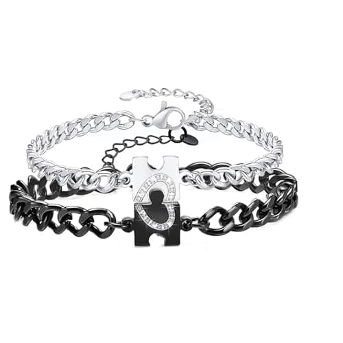 Image of Guyode 2 Pieces Bracelets Couple Personalized Diamond Bracelets Friendship Stainless Steel Bracelet Love Bracelet Women Puzzle for Wedding Gift Girlfriend Anniversary Matr