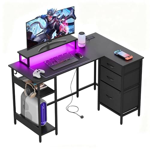 Image of DEVAISE Corner Desk with Drawers, 123x80 cm Reversible L Shaped Office Desk with Power Outlet & USB Charging, Computer Desks with Storage for Home Office Bedroom, Black
