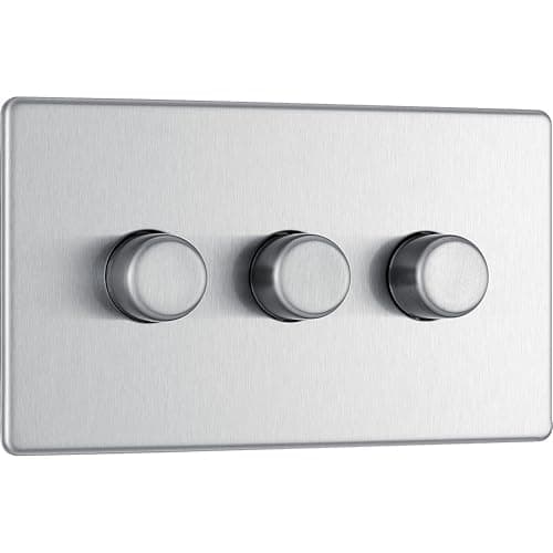 Image of BG Electrical Intelligent Triple Wall Dimmer Switch, 2 Way, Screwless Front Plate, Premium Flatplate, Brushed Steel, 200W, FBS83