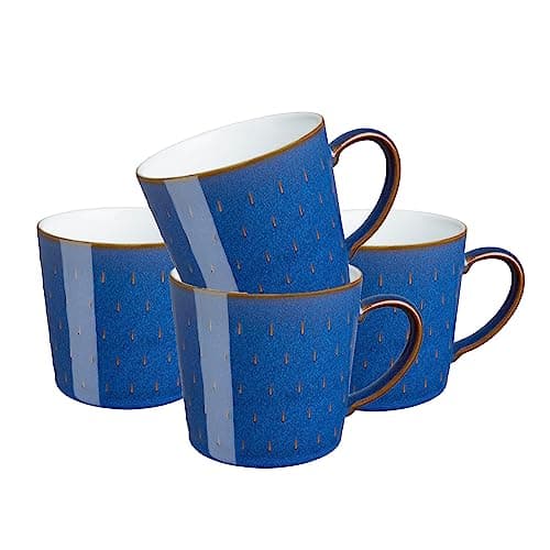 Image of Denby - Imperial Blue Large Coffee Mug Set of 4 - Cascade Patterned 13.5 Ounce Stoneware Tea Mug Set For Office & Home - Dishwasher Safe, Microwave Safe - Ceramic Tea Cups With Blue Pattern Glaze
