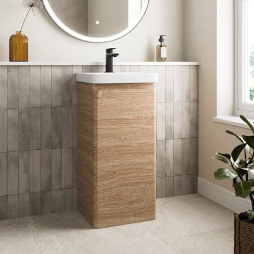 Image of Affine® 400mm Vanity Unit Wash Basin Sink Bathroom Floor Standing Storage Cabinet Cupboard Cloakroom, Soft Close Door, Wood Oak Effect