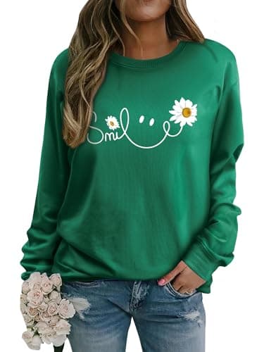 Image of Yihelian Long Sleeve Tops Women Crew Neck Sweatshirt Smile Daisy Graphic Print Shirt Ladies Fashion Casual Blouse Dark Green