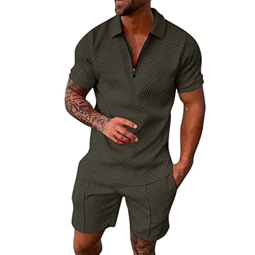 Image of Mens Tracksuit Set Polo Shirt & Shorts Lapel Quarter Zip Shirt Elastic Waist Joggers Bottoms Open Hem Solid Color Workout Top & Bottom Sets Summer Outfits for Everyday Athletic Wear Running Grey