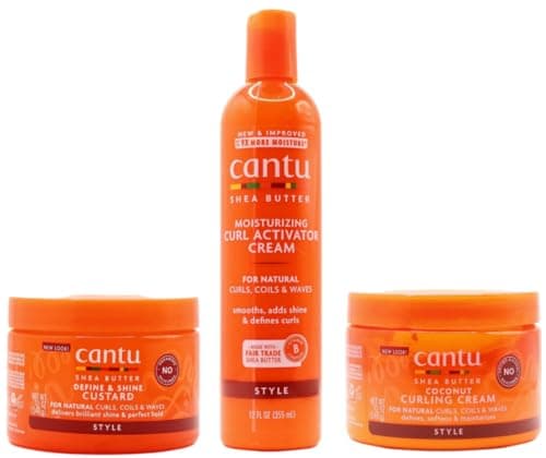 Image of Cantu Shea Butter Moisturizing Curl Activator Cream 12oz with Define & Shine Custard12oz & Coconut Curling Cream 12oz BUNDLE