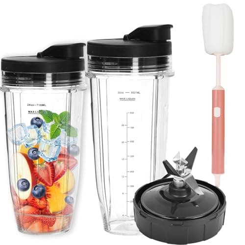 Image of Ecopandy 6PCS Blender Replacement Parts Compatible with Nutri Ninja - 2 x 24oz Cups with 2 Flip Top to-Go Lids & Brush Compatible with Nutri Ninja BL480/BL490/BL640/BL682 (1x24+1x32 Oz)