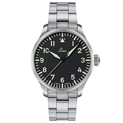 Image of Laco Pilot Watch, Automatic Watch, Stainless Steel Case, Sapphire Glass, 5 Bar, Made in Germany, Basis Augsburg - silver stainless steel strap, black dial, Herren, Bracelet