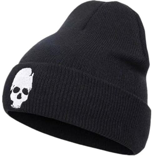 Image of RALSPEC Black Mens Beanie Hat w Skull Skeleton Logo Warm Winter Wool Knit Headwear Goth Gothic Punk