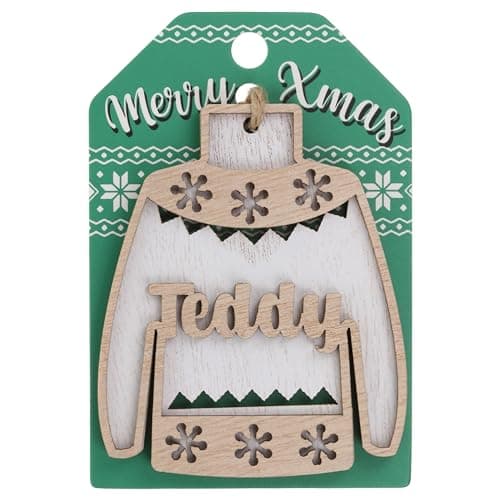 Image of Teddy Name Christmas Jumper Wooden Tree Decoration Personalised Bauble Xmas White