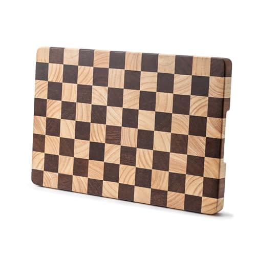 Image of Bill.F Wooden Chopping Board 36x24x2.5cm with Checkerboard Pattern and Inner Side Handles, Cutting Board Ideal for Carving Meat, Cutting Vegetables, Cheeses and Bread