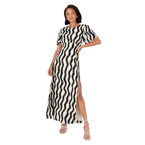 Image of Lovedrobe Women's Midaxi Dress Ladies Round Neck Short Angel Sleeves Monochrome Wave Print Keyhole Back Elasticated Waist A-line Black and Cream 42, Black and Cream, 16