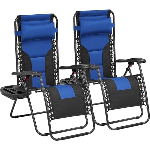 Image of Yaheetech Zero Gravity Sunlounger, Outdoor Multi Position Soft Padded Chairs, Foldable Patio Recliner w/Carry Strap, Cup Holder, Pillow for Backyard Deck Camping Navy Blue/Black Set of 2, 65cm