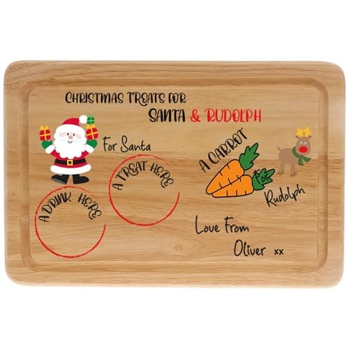 Image of Ellie Charles Personalised Christmas Eve Santa and Rudolph Treat Plate Solid Wood Board