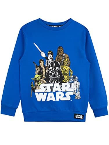 Image of Star Wars Sweatshirt for Boys | Darth Vader Yoda R2D2 Chewbacca Boys Jumper Blue Age 7 to 8 Years