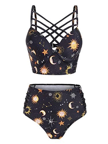 Image of JMSUN Women's Bikini Summer Bathing Suit Sun Star Moon Lattice High Waisted Tankini Swimsuit, Yellow, Large