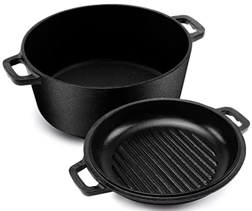 Image of KICHLY 2 in 1 Cast Iron Dutch Oven with Dual Purpose Lid – 4.73 litre Cast Iron Pot with 27 cm Griddle Pan – Pre-seasoned Casserole Dish with Lid, Black