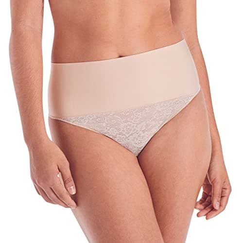 Image of Maidenform Women's Tame Your Tummy Shaping Thong with Cool Comfort Waist Shapewear, Transparent/Nude Lace, Medium
