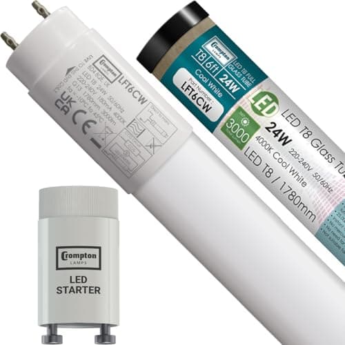 Image of Crompton Lamps 6ft LED T8 Tube, 4000K Cool White, 24W (70W Equivalent), Replacement Fluorescent Tubes for LED Batten Light, Ceiling Strip Lights, Garage Lighting, Includes Fluorescent Starter