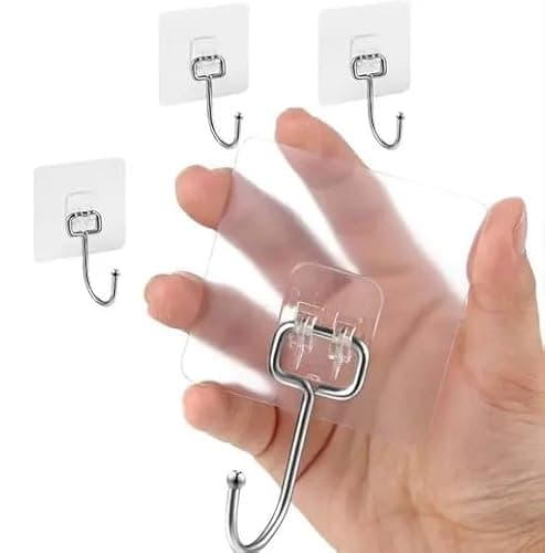 Image of 3 Piece Large Self-Adhesive square shape Hooks (Max.10kg), Waterproof and Rustproof Adhesive Hooks, Transparent Hooks, Self-Adhesive Wall Hooks for Kitchen, Bathroom, Ceiling Hanger