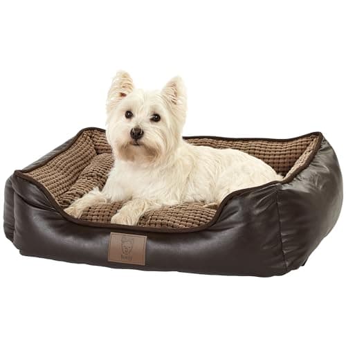 Image of Bunty Tuscan Dog Bed, Medium - Leather Look Pet Bed, Chew Resistant, Soft Fleece Interior, High Density Filling, Firm Insulating Base - Made in the UK - Medium
