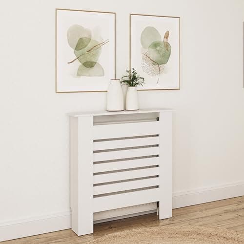 Image of GFW Small White Cleo Radiator Cover Horizontal Slats Top Shelf Storage Modern White Design Bedroom Hallway Living