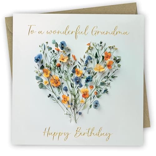 Image of Birthday Card for Grandma. Heart of Flowers Design with Gold Foiled text. 150x150mm supplied with Envelope. Eco-friendly. Message inside. Made in Britain.