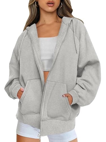 Image of Jhsnjnr Women's Casual Long Sleeve Sweatshirts with Zipper Hooded Jacket Coat Oversized Full Zip Hoodie Grey