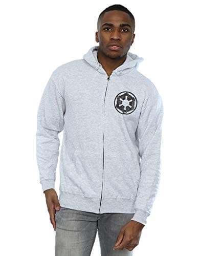 Image of Absolute Cult Star Wars Men's The Mandalorian Galactic Empire Insignia Breast Print Zip Up Hoodie Sport Grey Small