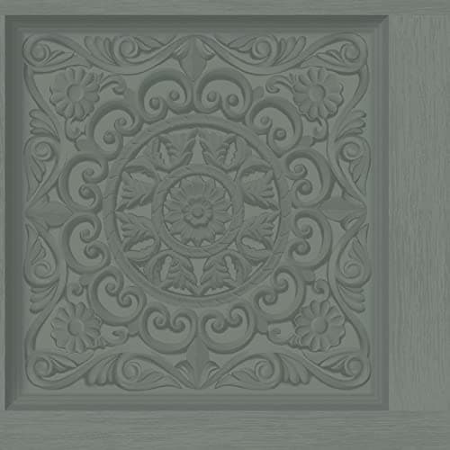 Image of Holden Ornate Wood Carved Panel Wallpaper 3D Effect Green Teal 13381