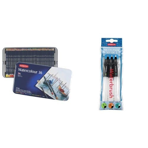Image of Derwent Watercolour Pencils Tin (Set of 36) with Derwent Waterbrush Multi-Pack (Pack of 3)