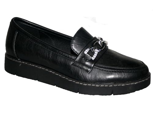 Image of Cushion Walk Ladies Casual Slip-On Smooth Faux Leather Comfort Sporty Wedge Loafer with Chain Trim Sizes 4-8 (Black Matt, UK Footwear Size System, Adult, Women, Numeric, Medium, 7)