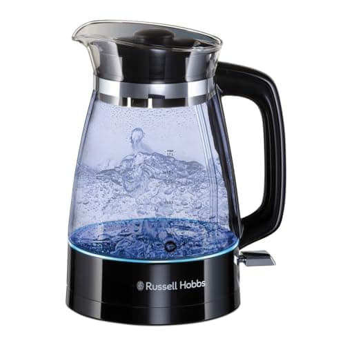 Image of Russell Hobbs Carafe Style 1.7L Cordless Electric Glass Kettle with black handle, lid & base and blue internal illumination (Fast boil, 3KW, Anti-scale filter, Pull off lid, unique glass spout) 26080