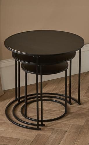 Image of OHS Nest of Tables Set of 3, Manhattan Stacking Side Table Living Room Wooden Stylish Decorative Coffee Table Sturdy Metal Frame Home Interior Easy Assembly Round End Tables, Black