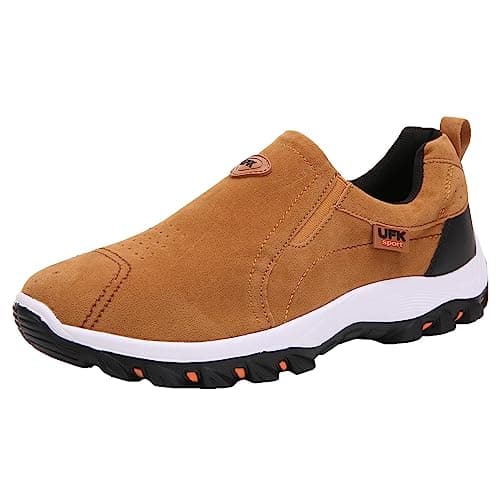 Image of JiuQing Men's Walking Shoes Slip on Hiking Shoes Lightweight Low Rise Casual Travel Sneakers,Brown,8 UK