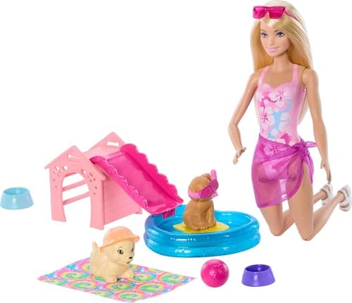 Image of Barbie Puppy Pool Party Toy Playset with Fashion Doll, Doghouse & Slide, Heart-Shaped Pool, 2 Pet Dog Figures, 6 Accessories & Color Change, JBF35